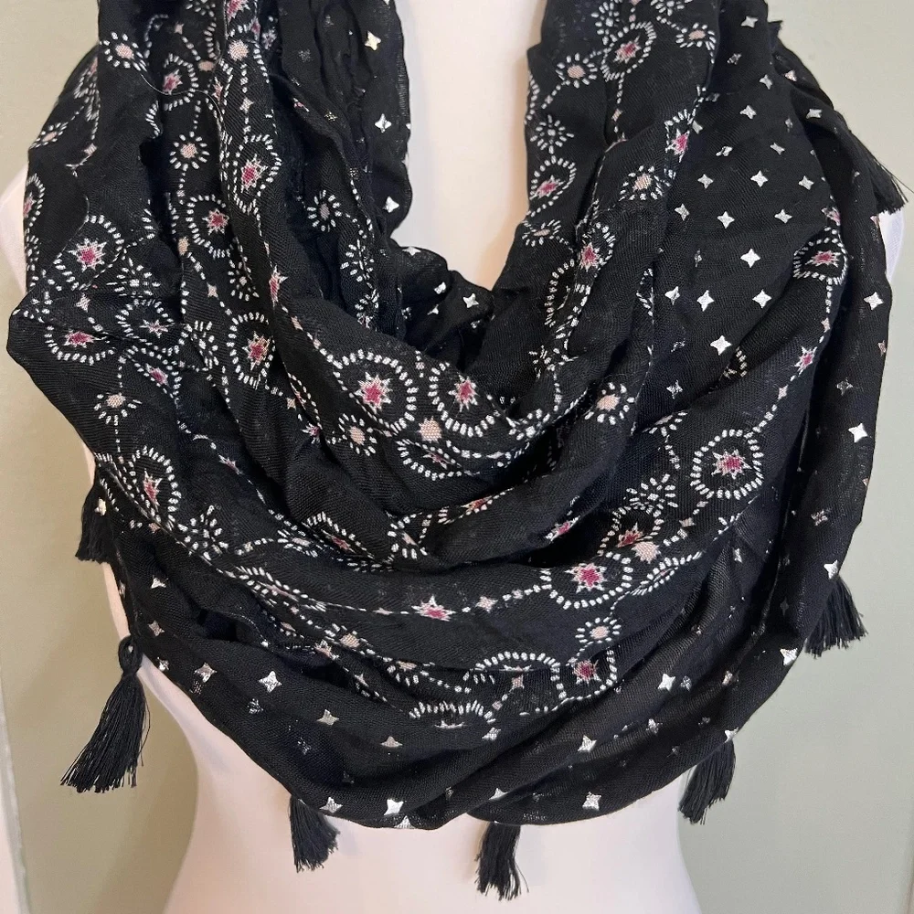 Unbranded Infinity Whimsygoth Tassel Metallic Star Pink Print Black‎ Scarf